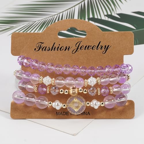 Boho Beaded Bracelet Set for Women - 4 Pcs Multilayer Stackable Crystal Glass Bead Bracelets with Faux Pearl Elastic Stretch Fashion Jewelry for Daily Wear, Beach, Party & Gifts - color: Purple
