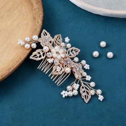 Flower Leaf Design Wedding Hair Comb, Metal Bridal Hair Accessory with Rhinestone, Wedding Prom Hair Clip Headpiece for Women (Gold Flower CZ) - color: Gold Flower CZ