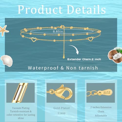 Sterling Silver Ankle Bracelets for Women 14k Gold Plated Waterproof Layered Stackable CZ Charm Non Tarnish Adjustable Anklet for Summer Beach Birthday Jewelry Gift - color: gold H