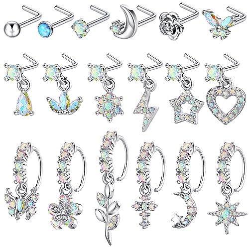 18 Pcs Dangle Nose Ring L Shaped Dangling Nose Stud Nose Ring Hoop Indian Nose Piercing Jewelry with Charm - color: AB
