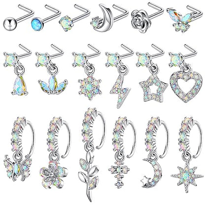 18 Pcs Dangle Nose Ring L Shaped Dangling Nose Stud Nose Ring Hoop Indian Nose Piercing Jewelry with Charm - color: AB