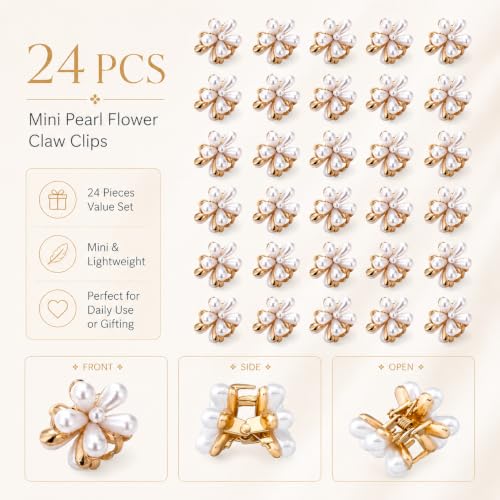 24 Pcs Gold Small Flower Hair Clips for Women Girls, Cute Mini Tiny Little Pearl Decorative Hair Claw Clips, Sparkling Metal Flower Sweet Hair Accessories