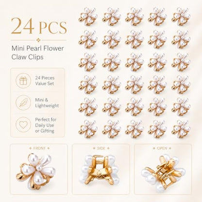 24 Pcs Gold Small Flower Hair Clips for Women Girls, Cute Mini Tiny Little Pearl Decorative Hair Claw Clips, Sparkling Metal Flower Sweet Hair Accessories