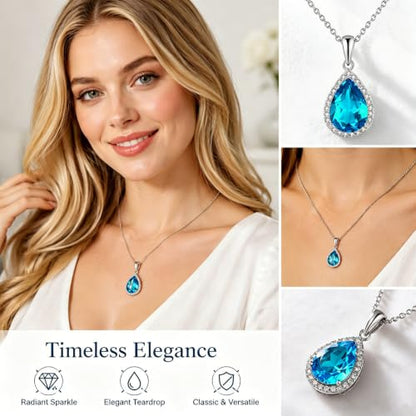 VONSSY Classic Oval Pendant Gemstone Necklace | Crystal Ruby Sapphire Waterdrop Birthstone Teardrop Emerald Necklace | 18K Platinum Gold Plated Chain | Jewelry Gift for Mother Wife Girlfriend - color: NL-Light Blue-Platinunm