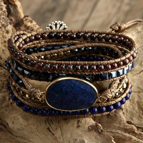 Women Wrap Bracelets Boho Natural Stone Jasper Turquoises Strand Bracelet Jewelry Collection - color: Obsidian