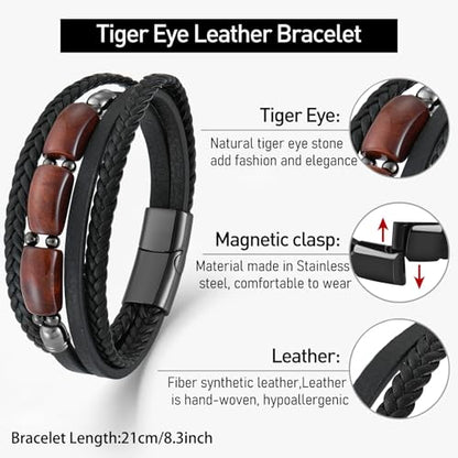 Mens Tiger Eye Leather Bracelet, Natural Tiger Eye Stone Multi-Layer Braided Cuff Bracelets for Men, Stainless Steel with Buckle Memorial Bangle Gifts for Him - color: Black4