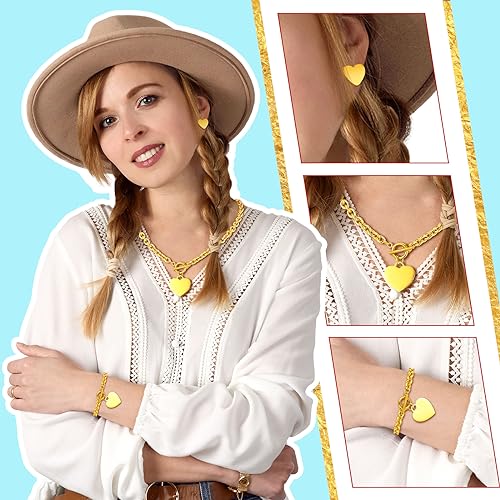 3 Pcs Heart Bow Snow Jewelry Set | Heart Necklace with Bracelet Earring, Snow Jewelry Set for Women, Bow Charms Toggle Gifts - color: Gold, style: Stainless Steel Heart