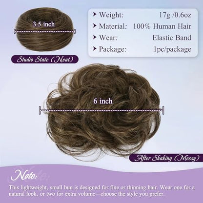 RUWISS 100% Human Hair Bun Small Messy Bun Hair Piece, One Hairpiece Two Styles Mini Natural Looking Scrunchies Updo for Daily, Hair Buns for Thin & Fine Hair Women Ponytail Extension (Brown Mixed) - color: 2/6# Brown Mixed