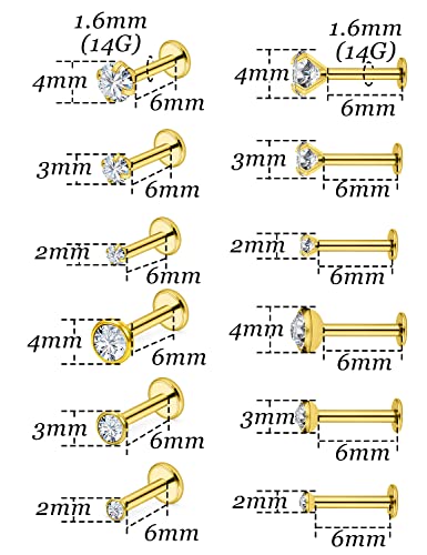 14G Lip Rings Stainless Steel Tragus Helix Conch Piercing Jewelry Snake Bite Piercing Monroe Lip Rings Labret Medusa Cartilage Lobe Earrings Piercing Jewelry Cubic Zirconia 2MM 3MM 4MM - color: 6MM-Gold,2mm/3mm/4mm