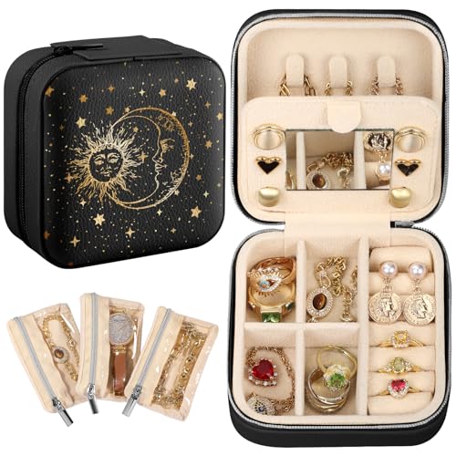 Bistup Travel Jewelry Case - Small Jewelry Organizers and Storage Box for Women Girls Teens Cute Traveling Jewelry Holder with Mirror Little Tiny Compact Modern Unique Aesthetic Pretty, Sun and Moon - style: Sun Moon