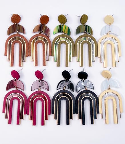 Ozel - Natural Wooden Acrylic Boho Drop Dangle Earrings for Women - Geometric Statement Jewellery - Brown, Black, Magent Red, Olive Green, White beige - color: Arch_Brown