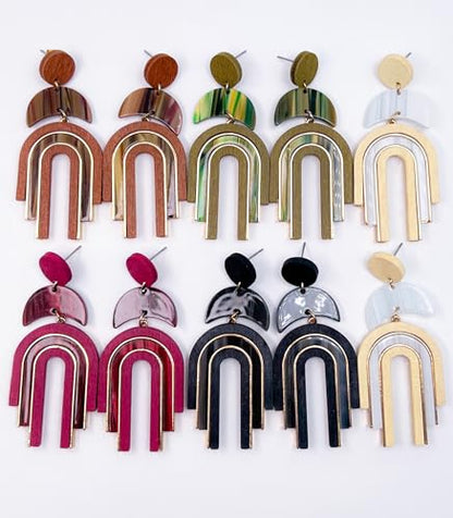 Ozel - Natural Wooden Acrylic Boho Drop Dangle Earrings for Women - Geometric Statement Jewellery - Brown, Black, Magent Red, Olive Green, White beige - color: Arch_Brown
