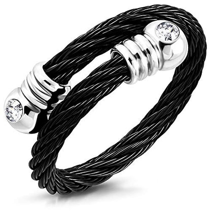 555Jewelry Stainless Steel Twisted Cable CZ Adjustable Open Ring for Women & Ladies - color: Black & Silver
