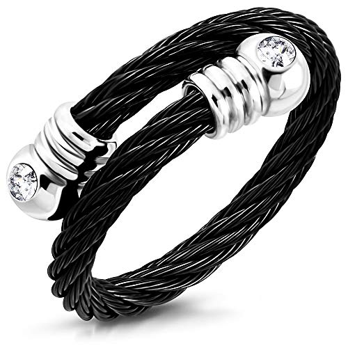 555Jewelry Stainless Steel Twisted Cable CZ Adjustable Open Ring for Women & Ladies - color: Black & Silver