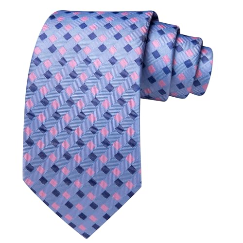 YOHOWA Men Plaid/Striped Ties Clip Set Silk Necktie Pocket Square Cufflinks | Woven Classic,Formal/Casual Mens Tie,Pocket Square Cufflinks Set,Luxury,Business,Wedding,Party,Prom,Graduation - color: Blue Pink