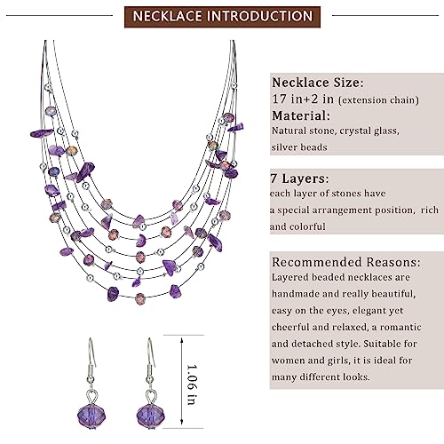 Multi-Layer Boho Shell Beaded Necklace for Women Colorful Crystal Strand with Silver Beads Statement Collars Necklace and Earrings Costumes Jewelry Sets for Women - color: 48-Purple