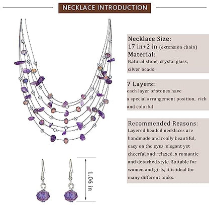 Multi-Layer Boho Shell Beaded Necklace for Women Colorful Crystal Strand with Silver Beads Statement Collars Necklace and Earrings Costumes Jewelry Sets for Women - color: 48-Purple