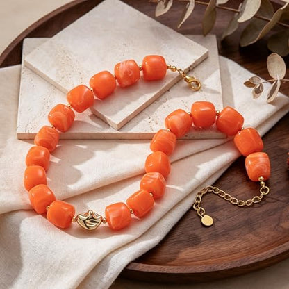Beaded Necklaces for Women Boho Chunky Necklace Statement Big Resin Bead Choker Fashion Summer Beach Jewelry - color: Orange