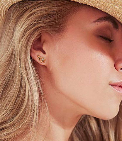 Gold Star and Sunburst Stud Earrings - AllenCOCO Ear Climbers Earrings for Women, 14K Gold Plated, 925 Silver Post Hypoallergenic - color: Star Earring