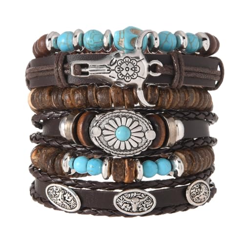LOTSOF Western Turquoise Beaded Bracelet, Chic Stack Beaded Western Style for Country Concerts, Cowgirl Outfits & Boho Jewelry - color: 6PCS BrownC-Ox Head