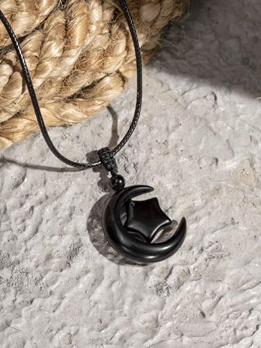 MINACHI Gothic Black Obsidian Moon Star Pendant Necklace with Braided Cord, Goth Celestial Jewelry Gift for Men and Women