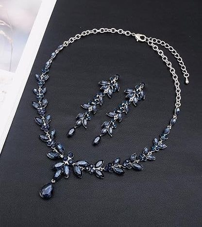 CSY Elegant Bridal Jewelry Sets Wedding Prom Homecoming Gown Accessories | Austrian Marquise Crystal Wedding Necklace Dangle Earrings Tennis Bracelet Ring Set for Bride Women Costume Accessories - color: navy blue crystal-platinum tone