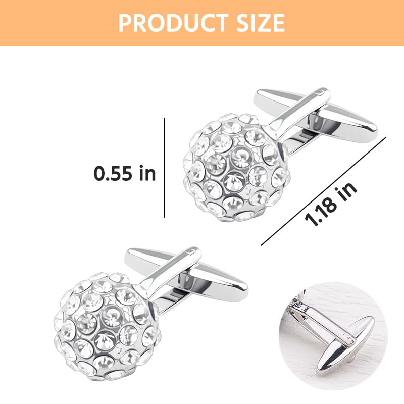 Round Rhinestone Cufflinks for Men Tuxedo Shirt Studs Crystal Ball Cufflinks French Cuff Links for Men Wedding Business Prom - color: Silver