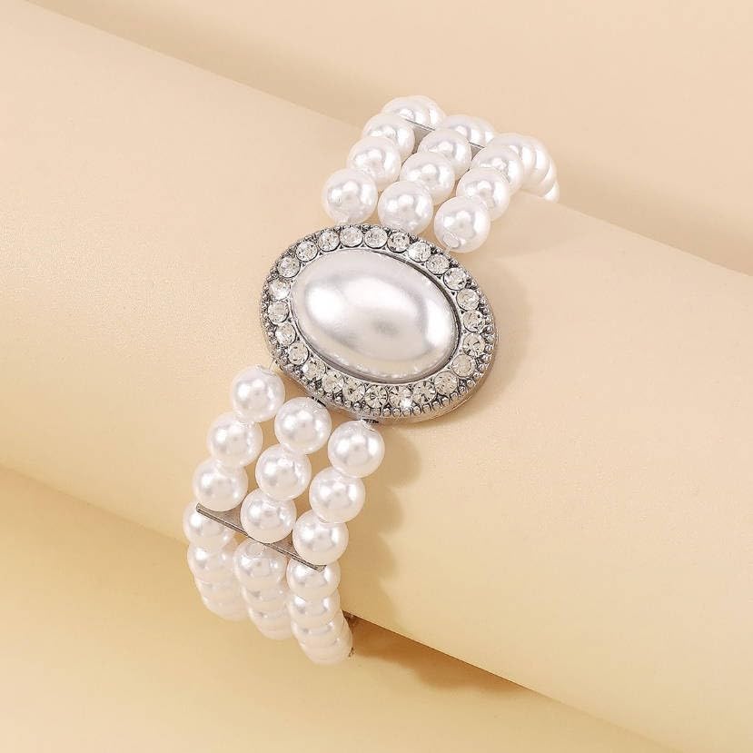 Multi-Layer Faux Pearl Bracelet for Women, Oval Gemstone Elegant Bangle with Rhinestone Accents - color: Silver, size: One Size