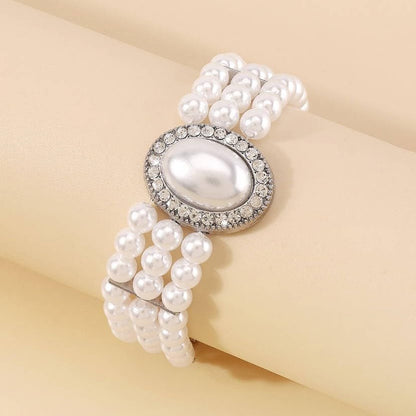 Multi-Layer Faux Pearl Bracelet for Women, Oval Gemstone Elegant Bangle with Rhinestone Accents - color: Silver, size: One Size