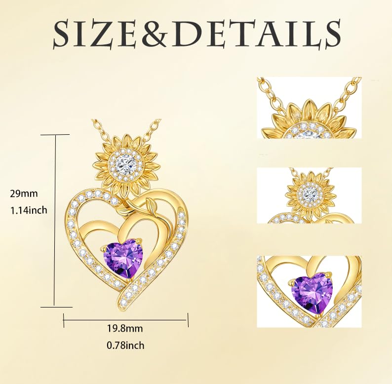 Midari Sunflower Necklace 18k Gold Plated Heart with Brithstone You Are My Sunshine Necklace Anniversary Birthday Sunflower Jewelry Gift for Women Wife Mom - color: 02-February