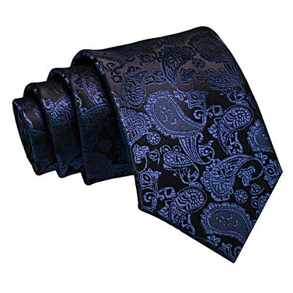 JEMYGINS Mens Solid Color Paisley Necktie and Pocket Square with Tie Clip Sets - color: Navy Blue