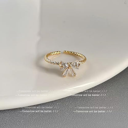 Mettclasi Women's 14K Gold Plated Stackable Ring Crystal Inlaid Dainty Trendy Cute Adjustable Open Twist Rings Jewelry Gifts - style: Bow Tie