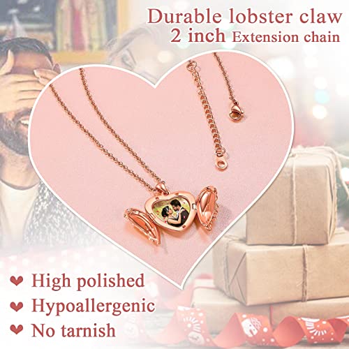 FindChic Locket Necklace for Women Custom Photo Memorial Gifts 4 Colors | Silver/Black/Rose Gold/Gold Plated Personalized for Loved Ones, Birthday Valentine's Day Keepsake - style: 02. Angel Wing 2-Rose Gold