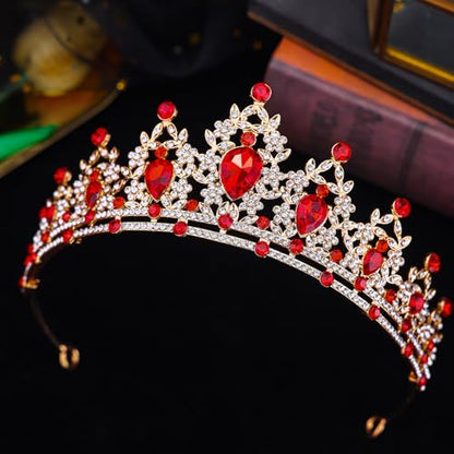 Crystal Crown and Tiara Jewelry Set for Women Bride with Necklace Earrings | Metal Rhinestone Royal Queen Princess Jewelry Set Wedding Quinceanera Pageant Prom Birthday Halloween Party Costume Gift - color: Red