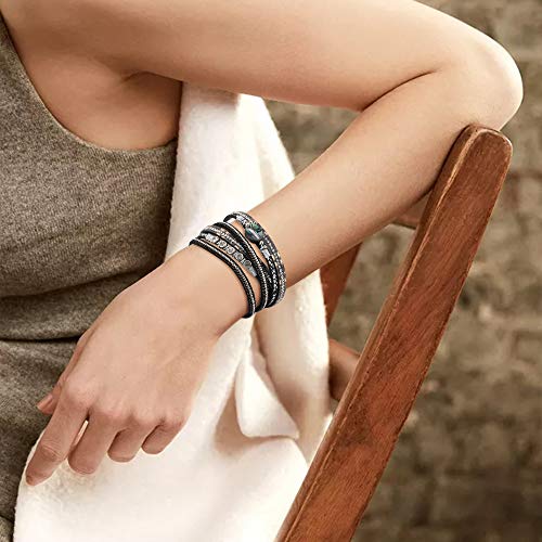 Emibele Layered Leather Bracelet, Rivet Leopard Print Bohemian Style Multilayer Wrap Bracelet, Handmade Agate Amethyst Chakra Crystal Glass Beaded Shell Bracelet for Women - color: Black