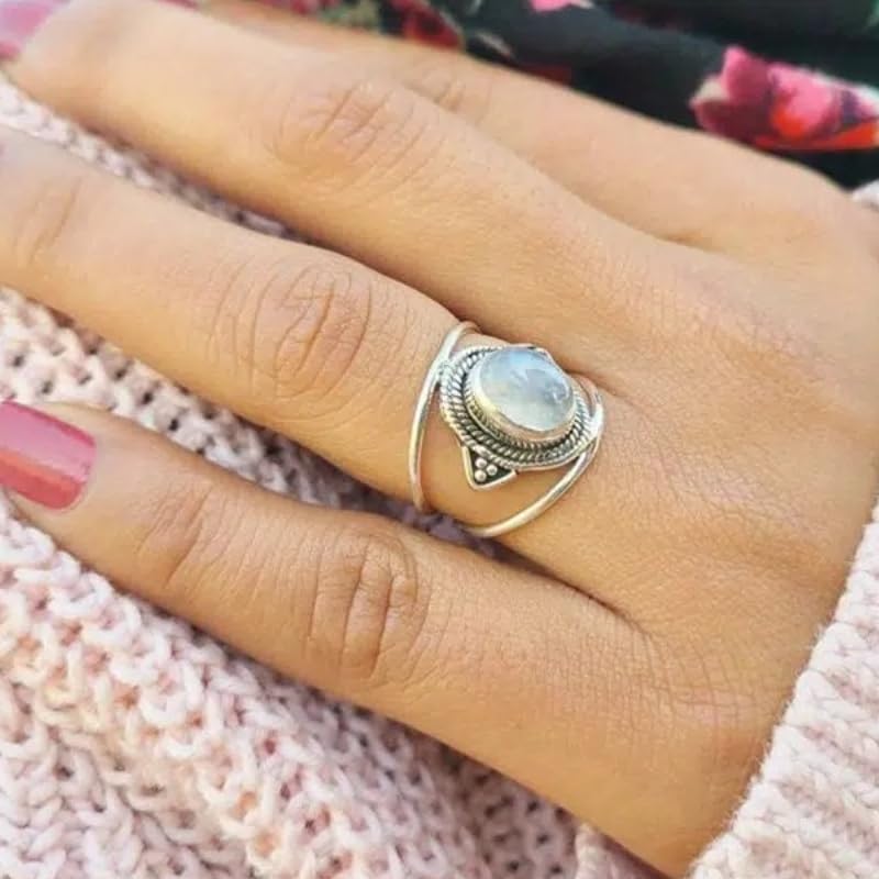 Retro Bohemian Statement Ring Oval Synthetic Moonstone Gemstone Rings for Women Man Daily Holiday Fashion Jewelry - color: white, size: 10