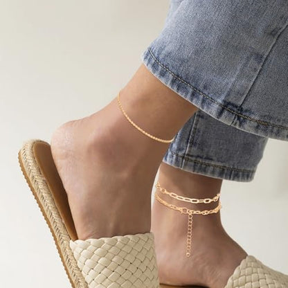 Ankle Bracelets for Women 12 Pcs Gold/Silver Plated Layered Cuban Link Chain Anklets Set Summer Boho Jewelry Anklets - style: 12 Chains