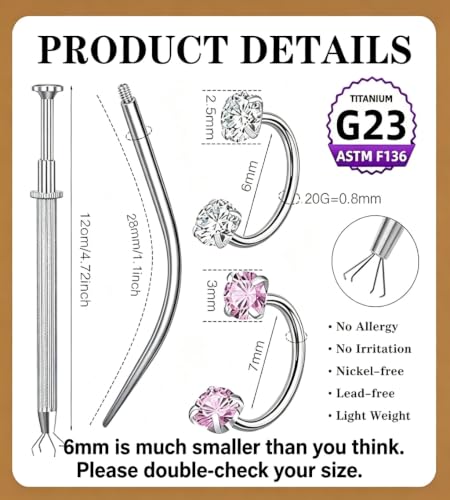 G23 Titanium Horseshoe Nose Ring 20G, 2 Pcs Double Gem Nose Ring for Women, 6mm 7mm 8mm Hypoallergenic Horseshoe Nose Rings Helix Tragus Earring Hoops Labret Lip Piercing Jewelry Small Septum Rings - color: 20G-6mm+7mm-2 Pcs Silver-White & Pink CZ