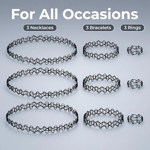 12PC Tattoo Choker Necklace Set- 90s Accessories 2000s Jewelry Fashion- Rainbow Goth Black White Blue Green Pink - Adjustable Stretchy Elastic Necklace for Women - color: black-9p