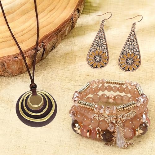 Western Jewelry Sets for Women Boho Jewelry, Layer Bohemian Necklace Earrings Bracelet, Cowgirl Accessory Rodeo Summer Beach - color: Brown 2