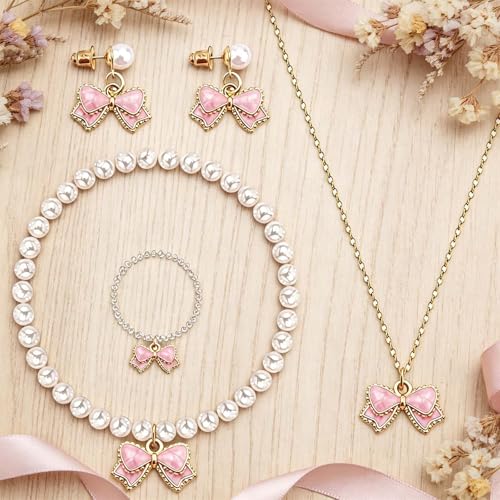 4PCS Pink Pearls Necklace Earrings Bracelet Ring Set Elegant Bow Adorned Jewelry Set for Women Valentine's Day & Special Occasions