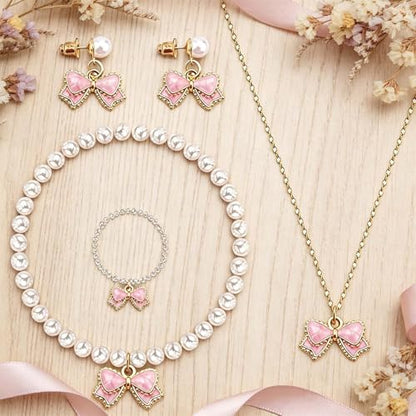 4PCS Pink Pearls Necklace Earrings Bracelet Ring Set Elegant Bow Adorned Jewelry Set for Women Valentine's Day & Special Occasions