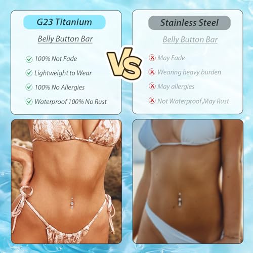 GAGABODY G23 Titanium Belly Button Rings Dangly Belly Ring Navel Piercing Ring Belly Piercing Jewelry 14G 3/8 inch 10mm Navel Barbell CZ - color: Silver+Dangly Waterdrop Shape Clear CZ