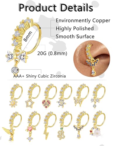 Akeoqi 12Pcs Nose Ring Hoop Cartilage Earring Cute Leaf Star CZ Butterfly Paved Nose Piercing Jewelry for Women men Silver Gold Plated 20G - color: E：New Gold Drop
