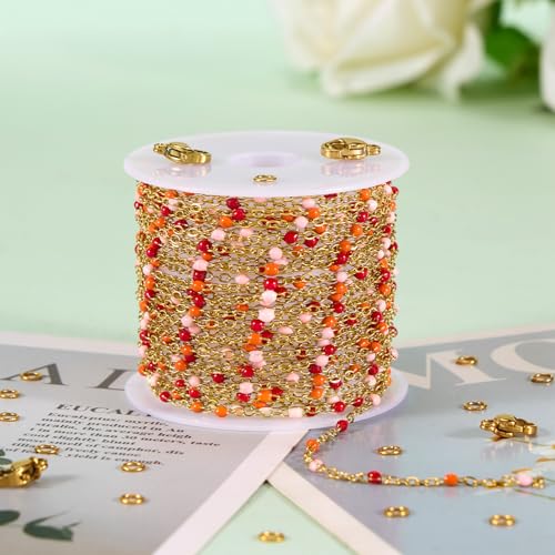 KYUNHOO 16.4FT Gold Plated Stainless Steel Enamel Jewelry Making Chain Roll | Colorful Beaded Chain Links for Jewelry Crafts Making with Lobster Clasps Jump Rings - color: gold-red orange