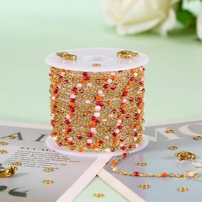 KYUNHOO 16.4FT Gold Plated Stainless Steel Enamel Jewelry Making Chain Roll | Colorful Beaded Chain Links for Jewelry Crafts Making with Lobster Clasps Jump Rings - color: gold-red orange