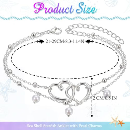 Sea Shell Starfish Anklet with Pearl Charms, Layered Heart Beach Statement Chunky Ankle Bracelet, Gold Tone Chain - color: Silver