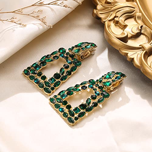 Flyonce Rectangle Clip-on Drop Earrings for Women, Sparkly Rhinestone Crystal Geometric Statement Non Pierced Earring Wedding Prom Party Jewelry for Brides Bridesmaid - color: Green Gold-Tone