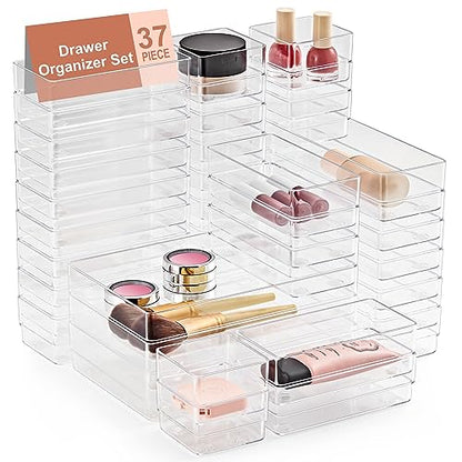 SMARTAKE 37 PCS Drawer Organizer 4 Size Desk Makeup Drawer Organizer Clear | Storage Trays with Non Slip Silicone Pads for Makeup , Jewelries, Utensils in Bedroom Dresser, Office, Kitchen and Bathroom - style: 37 PCS