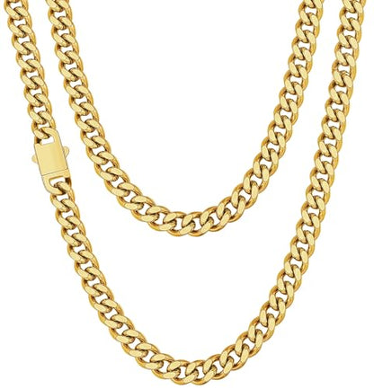 Fiusem Silver Tone/Black/14K Gold Plated Chain Necklace for Men, 5mm/6mm/7.5mm/8mm/9mm Stainless Steel Cuban Link Chain Necklace, Men's Chains 18-28 Inch Jewelry Gifts - size: 18", style: 5mm gold